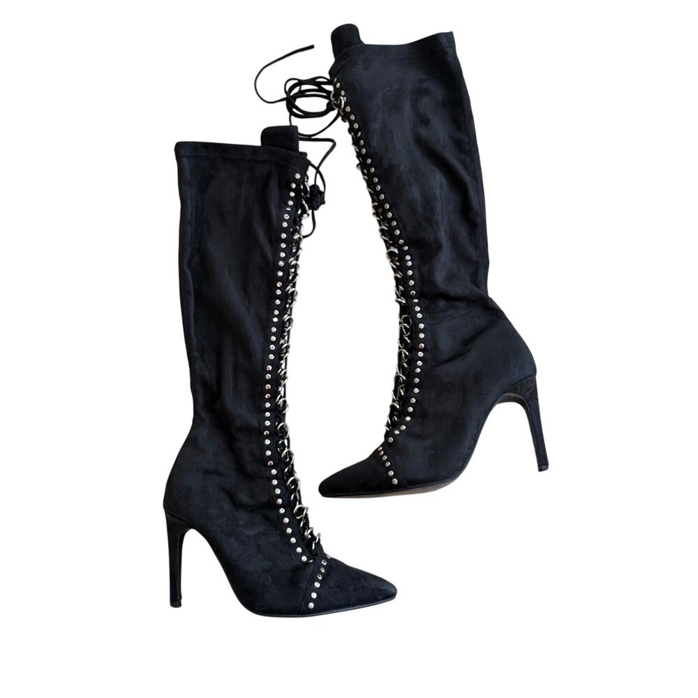 jeffrey campbell bisset black faux suede lace up knee high boots size 6